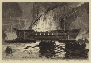 Das Brennen des römisch-katholischen Erziehungsschiffs Clarence auf dem Mersey